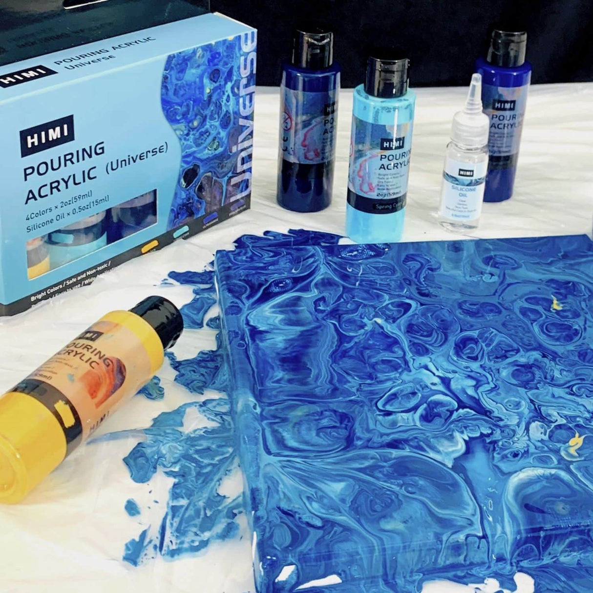 Himi - Kit Pinturas Acrílicas Pouring 4 Colores 59 ml y Silicona, Universe