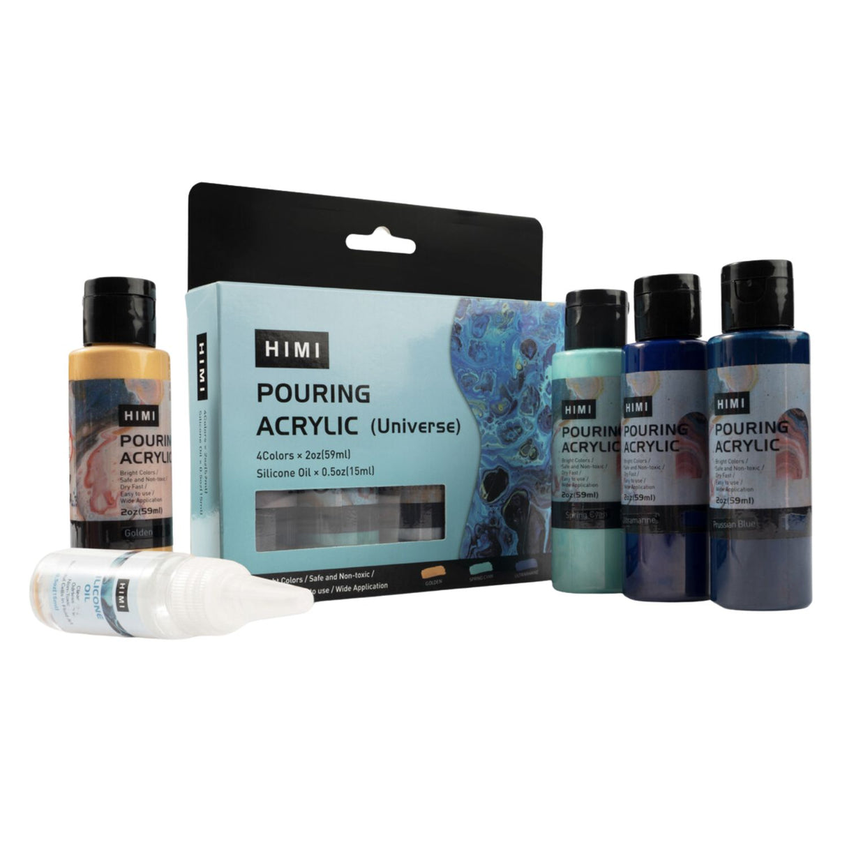 Himi - Kit Pinturas Acrílicas Pouring 4 Colores 59 ml y Silicona, Universe