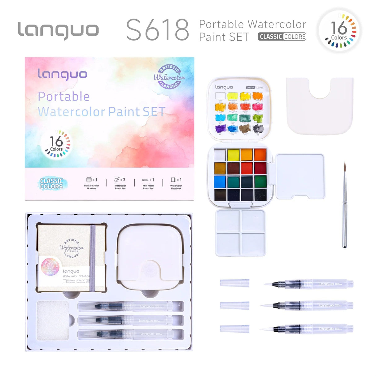 Languo - Kit Acuarelas Libreta y Pinceles Classic Colors