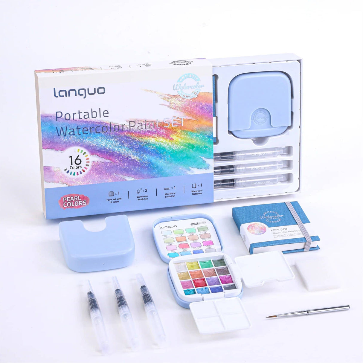 Languo - Kit Acuarelas Libreta y Pinceles Pearl Colors
