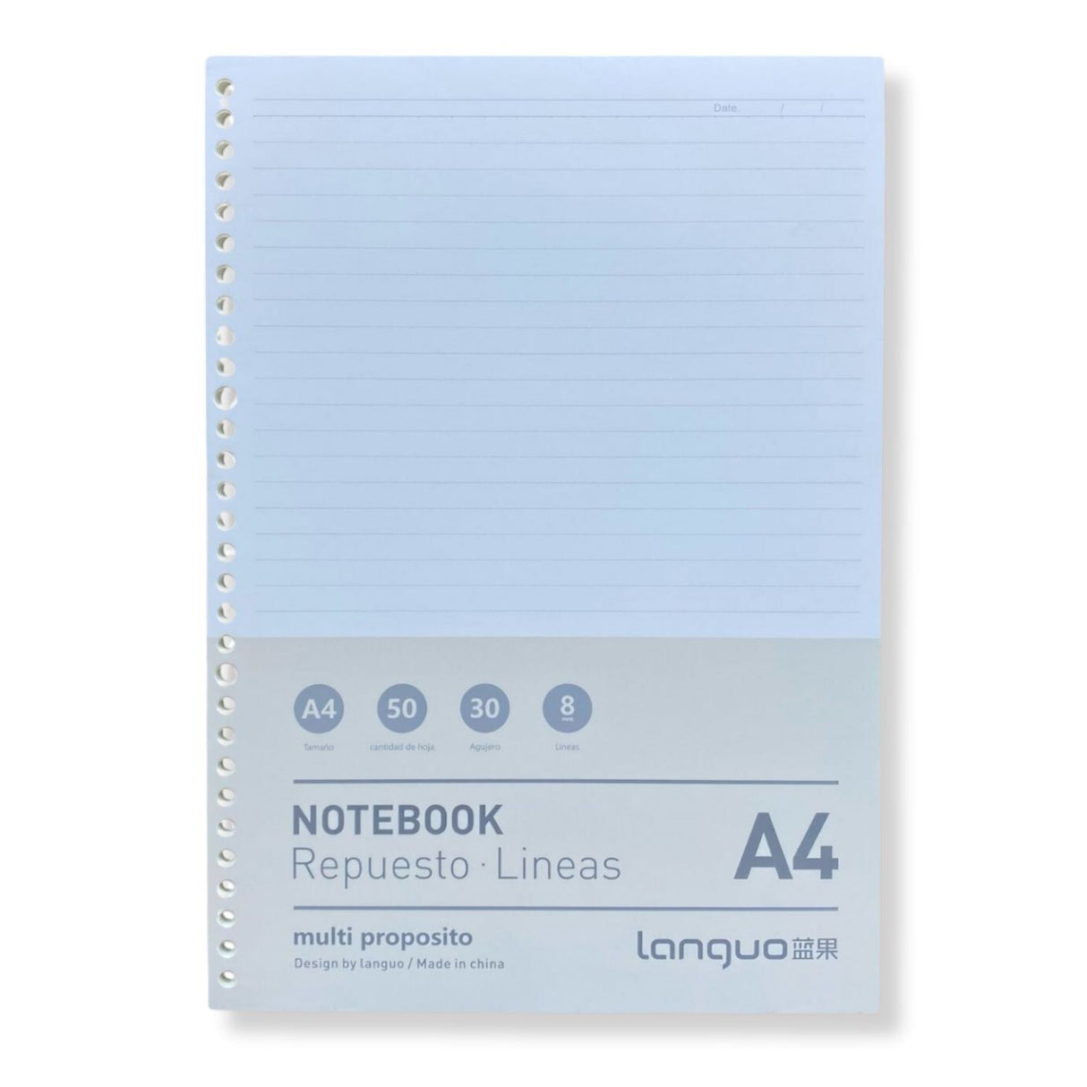 Languo - Pack 50 Hojas para Libretas Anilladas Tipo Binder A4 con Sistema Refill