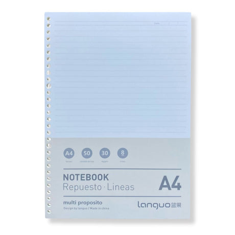 Languo - Pack 50 Hojas para Libretas Anilladas Tipo Binder A4 con Sistema Refill