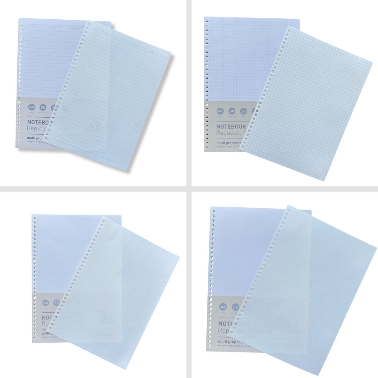 Languo - Pack 50 Hojas para Libretas Anilladas Tipo Binder A4 con Sistema Refill
