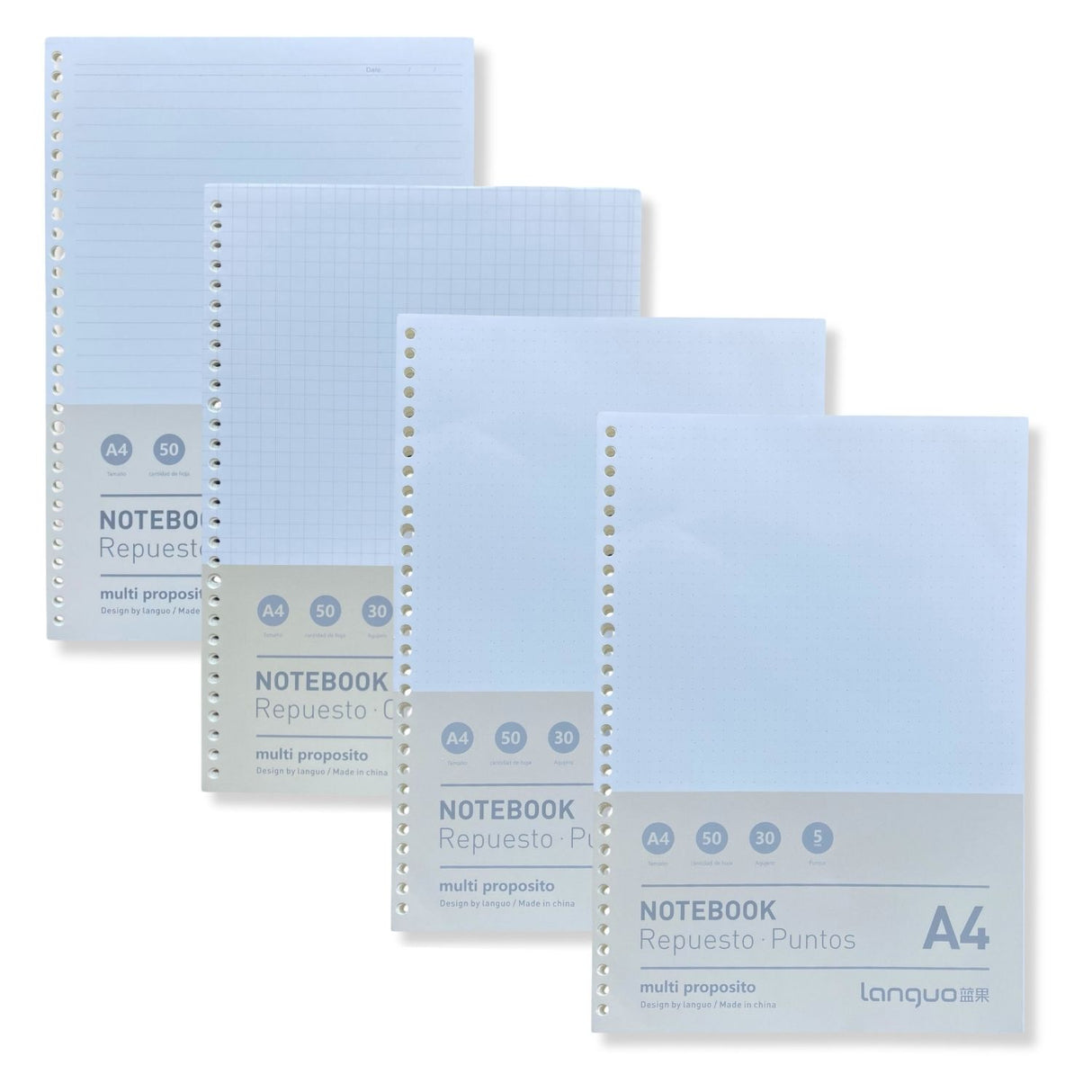 Languo - Pack 50 Hojas para Libretas Anilladas Tipo Binder A4 con Sistema Refill
