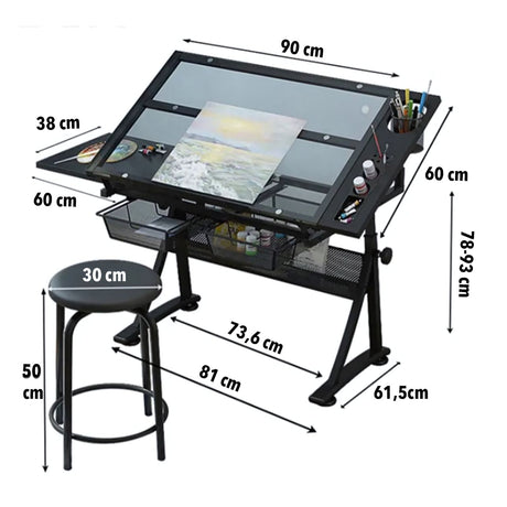 Mesa de Dibujo con Tablero de Vidrio Ajustable Negra