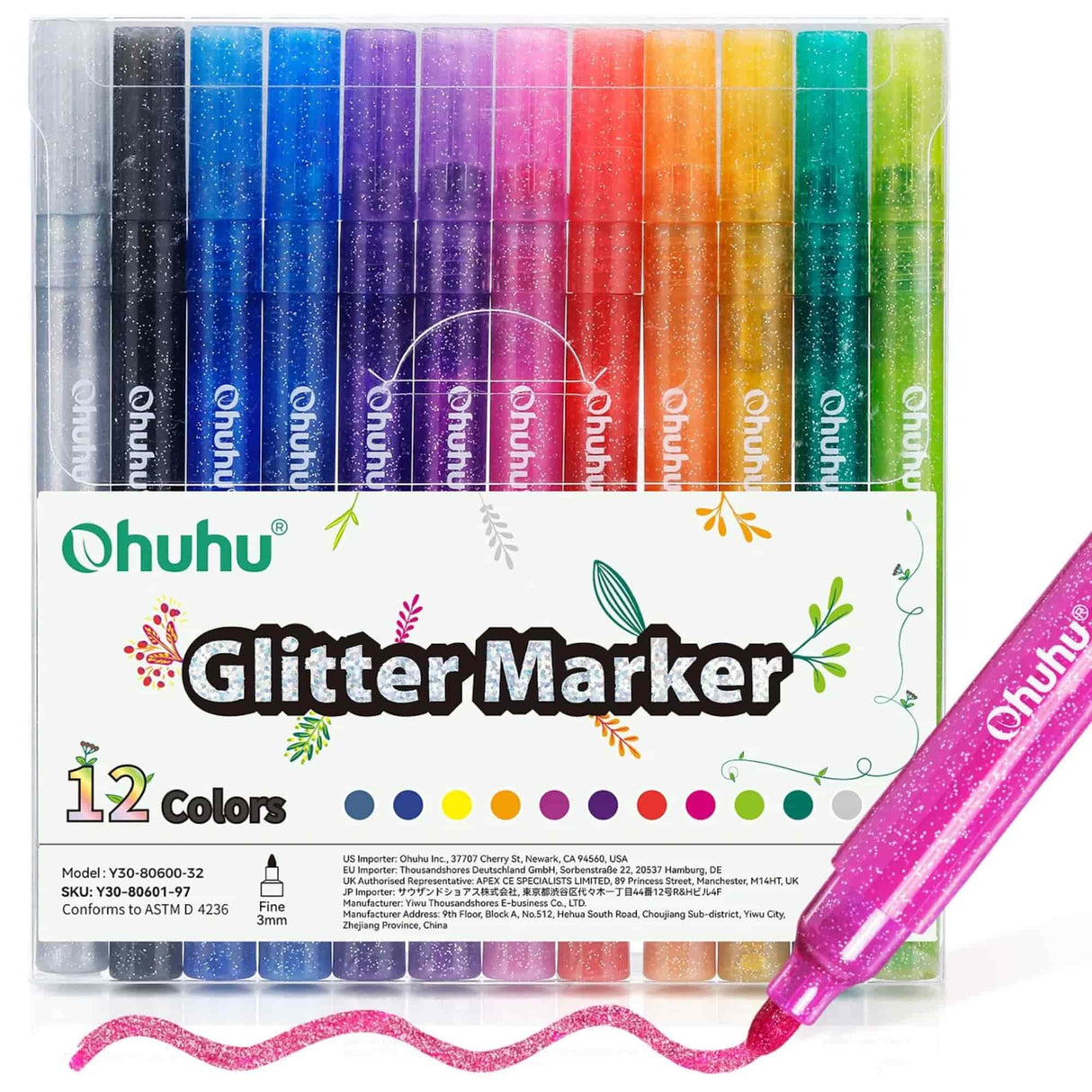 Ohuhu - Set 12 Marcadores Glitter Marker Punta Ancha