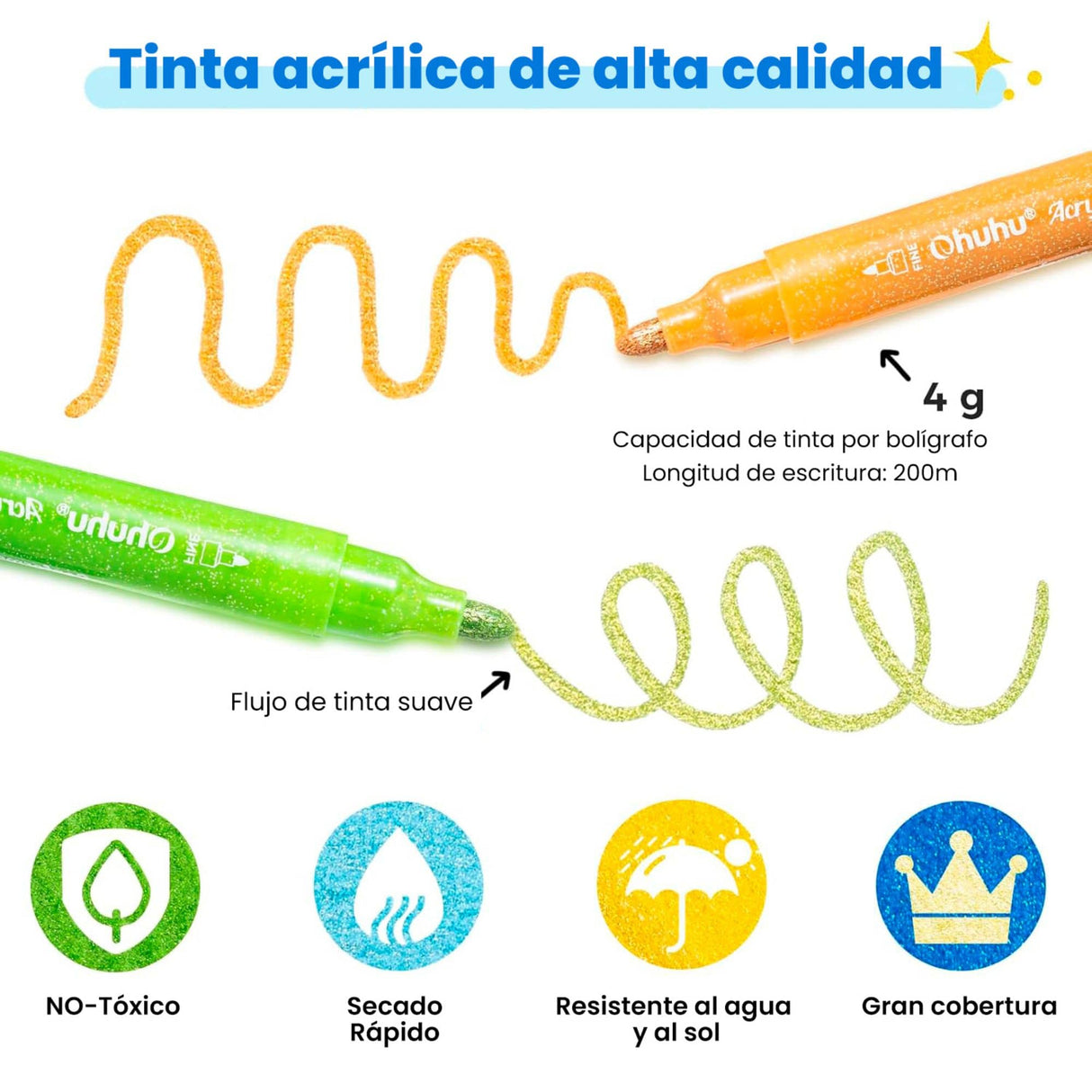 Ohuhu - Set 24 Marcadores Acrílicos Glitter 3 mm