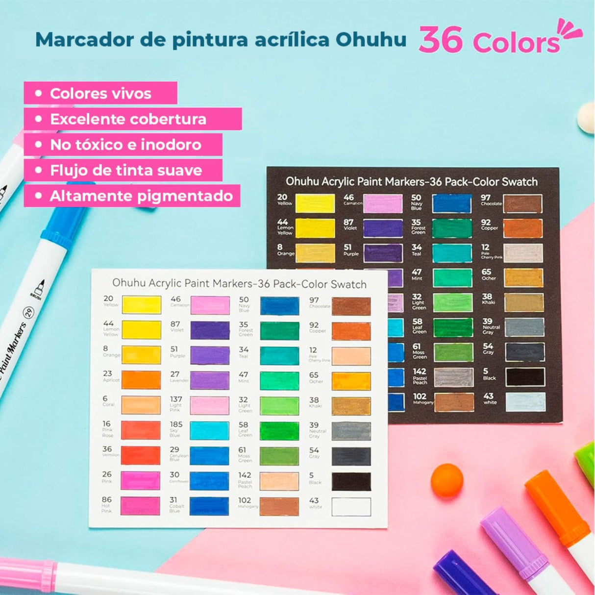 Ohuhu - Set 36 Marcadores Acrílicos Punta Fina y Pincel