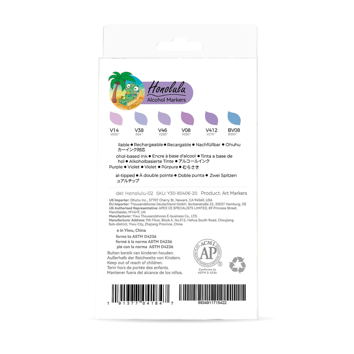 Ohuhu - Set 6 Marcadores al Alcohol Honolulu A Doble Punta Purple Tone