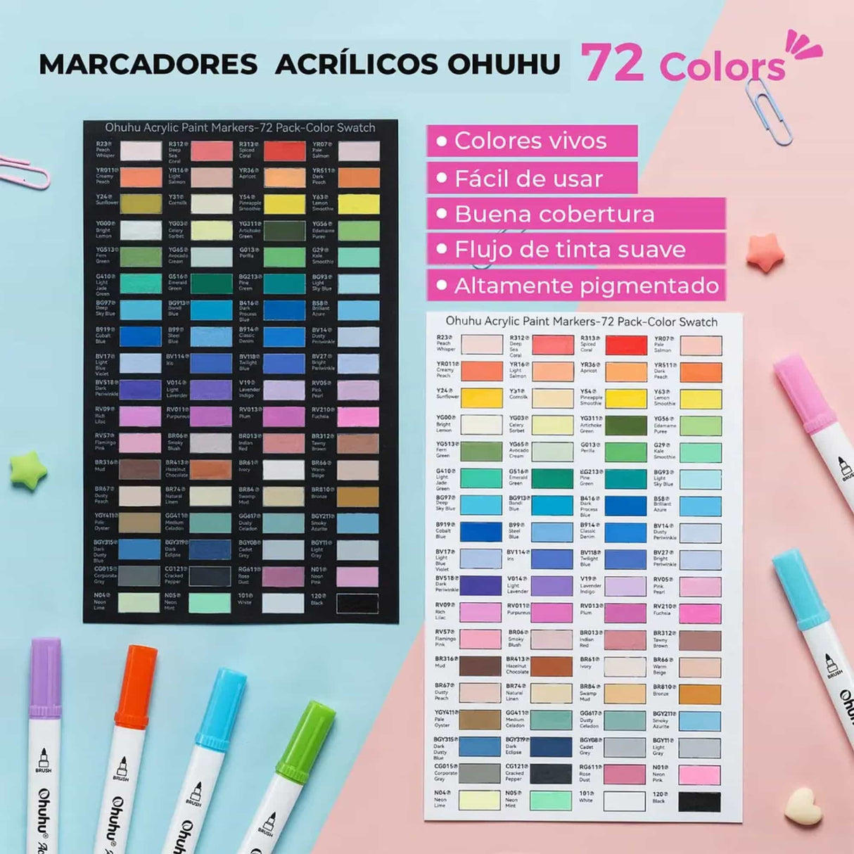 Ohuhu - Set 72 Marcadores Acrílicos Akaka Punta Pincel y Fina