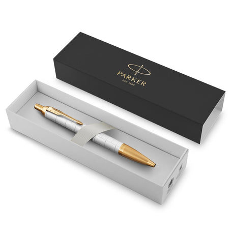 Parker Im Premium - Boligrafo Premium Pearl Lacquer, Gold Trim, Punta Media, Tinta Azul