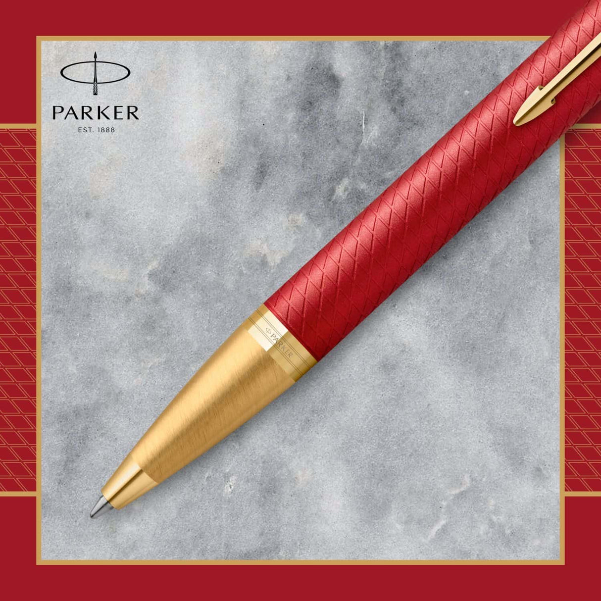 Parker Im Premium - Boligrafo Premium Red Lacquer, Gold Trim, Punta Media, Tinta Azul