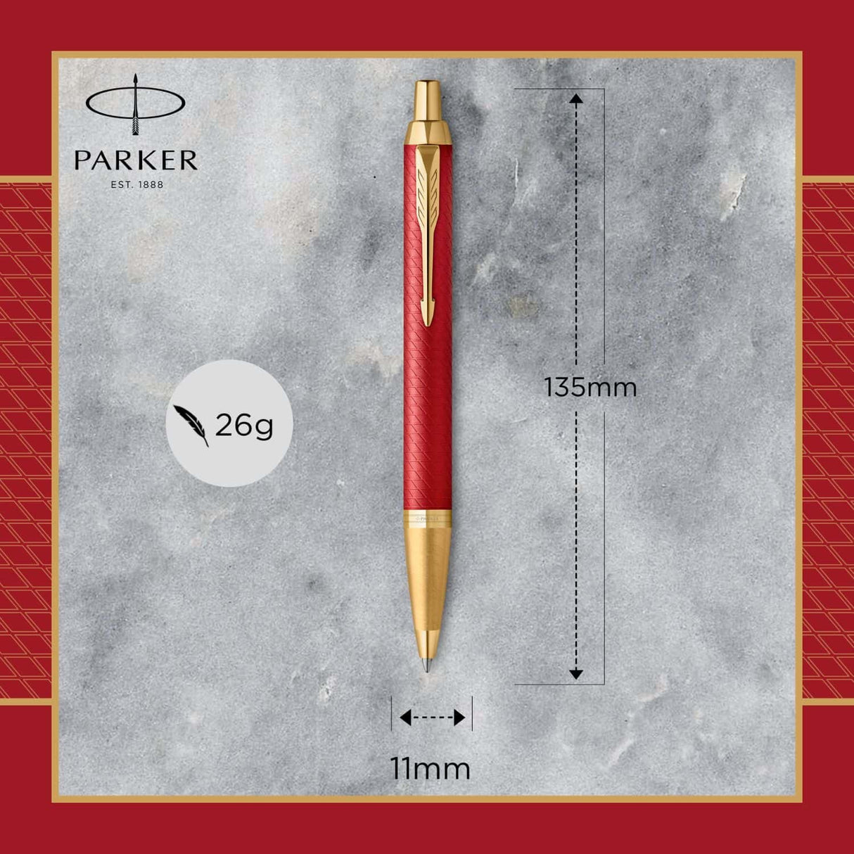 Parker Im Premium - Boligrafo Premium Red Lacquer, Gold Trim, Punta Media, Tinta Azul