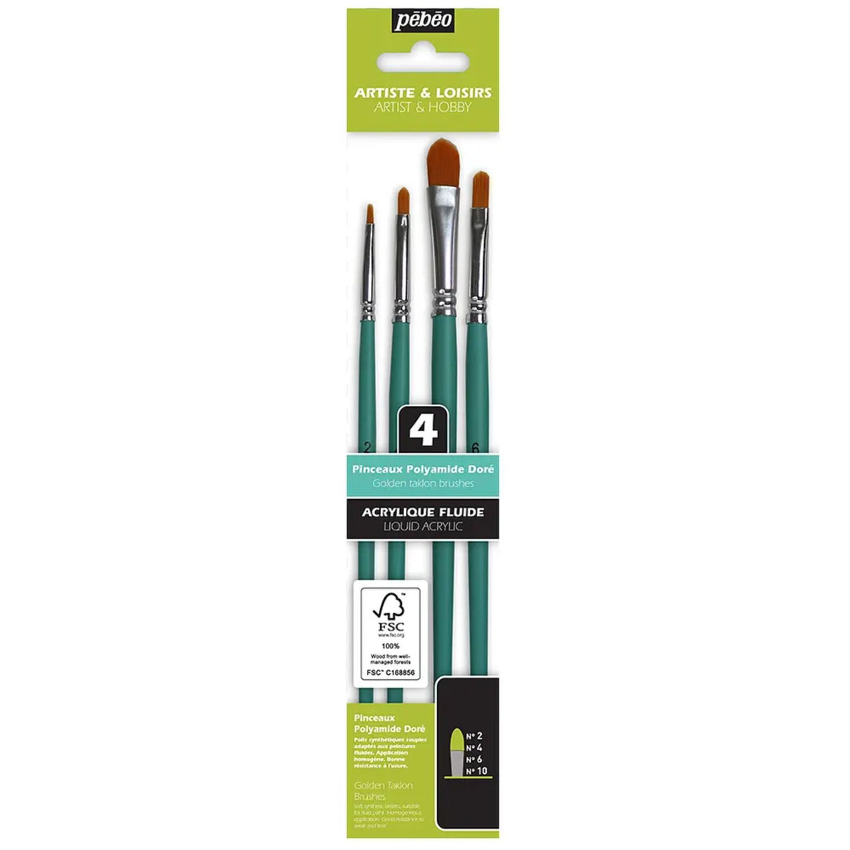 Pebeo - Set 4 Pinceles Acrílico Fluido  Avellanados (Filbert)