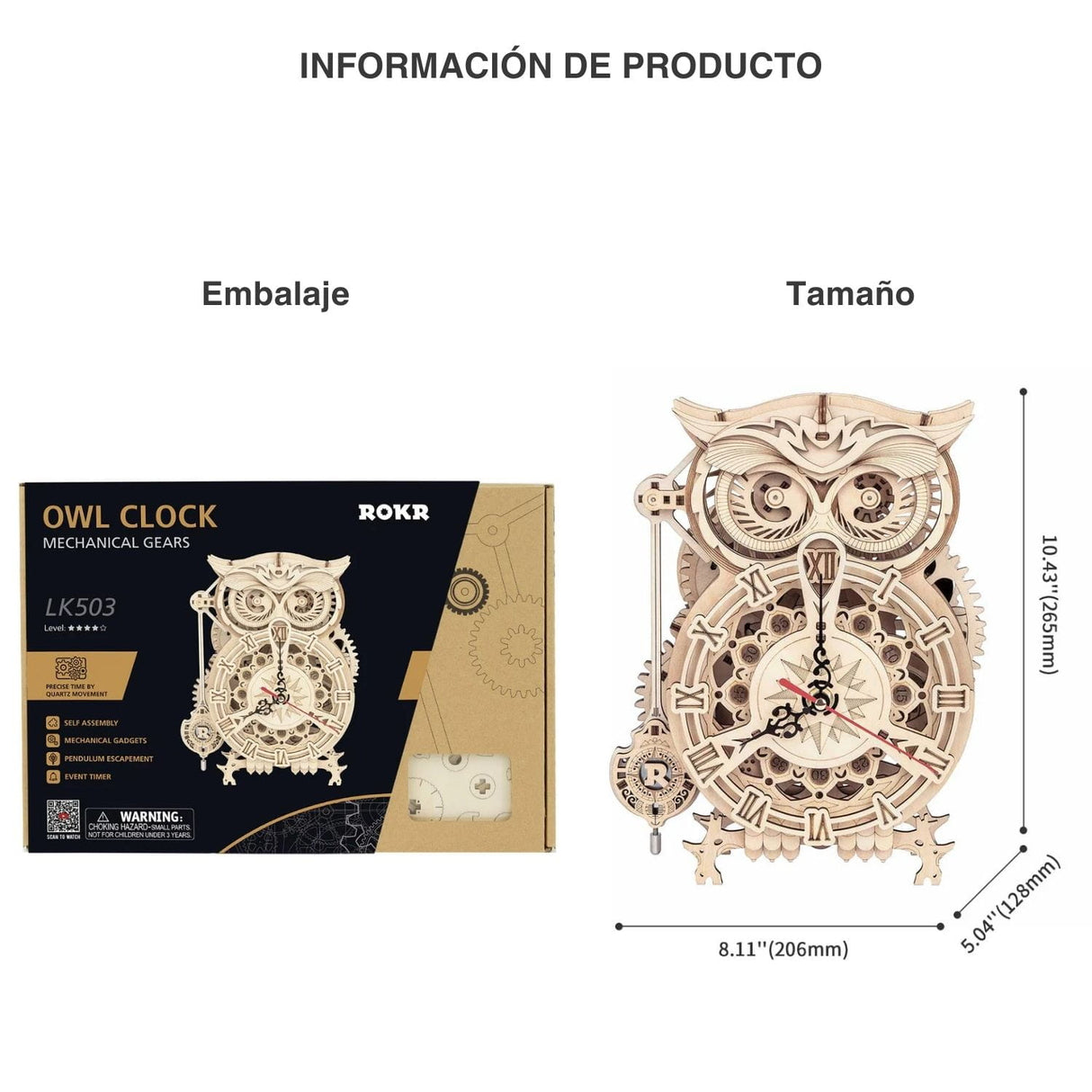 Rokr Mechanical Gears - Puzzle 3D Owl Clock Reloj Búho