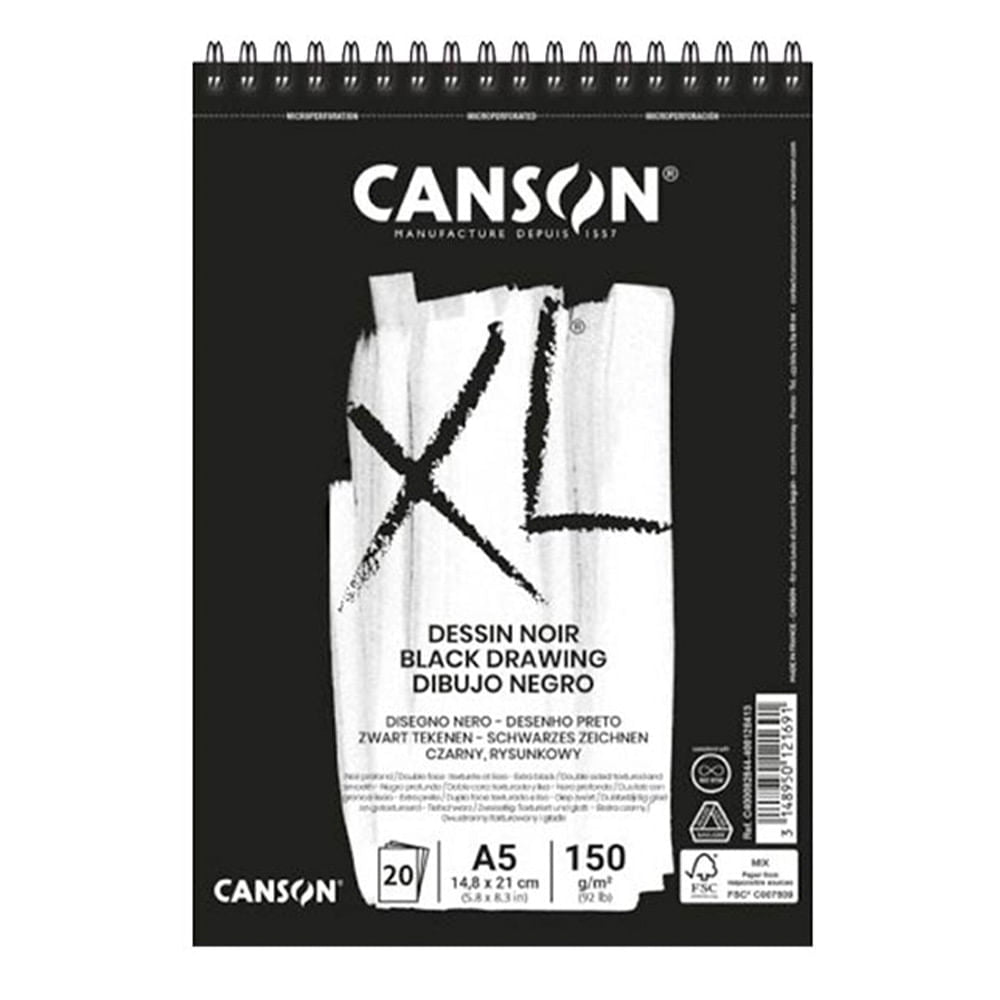 canson-xl-croquera-dibujo-hojas-negras-dessin-noir-black-150-g-m2-20-hojas-A5-14-8-x-21-cm